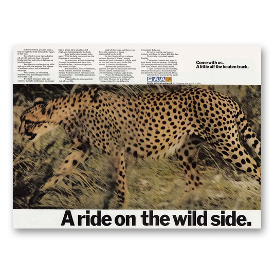 1971 South African Airways Cheetah A Ride On the Wild Side Vintage Magazine Print Ad