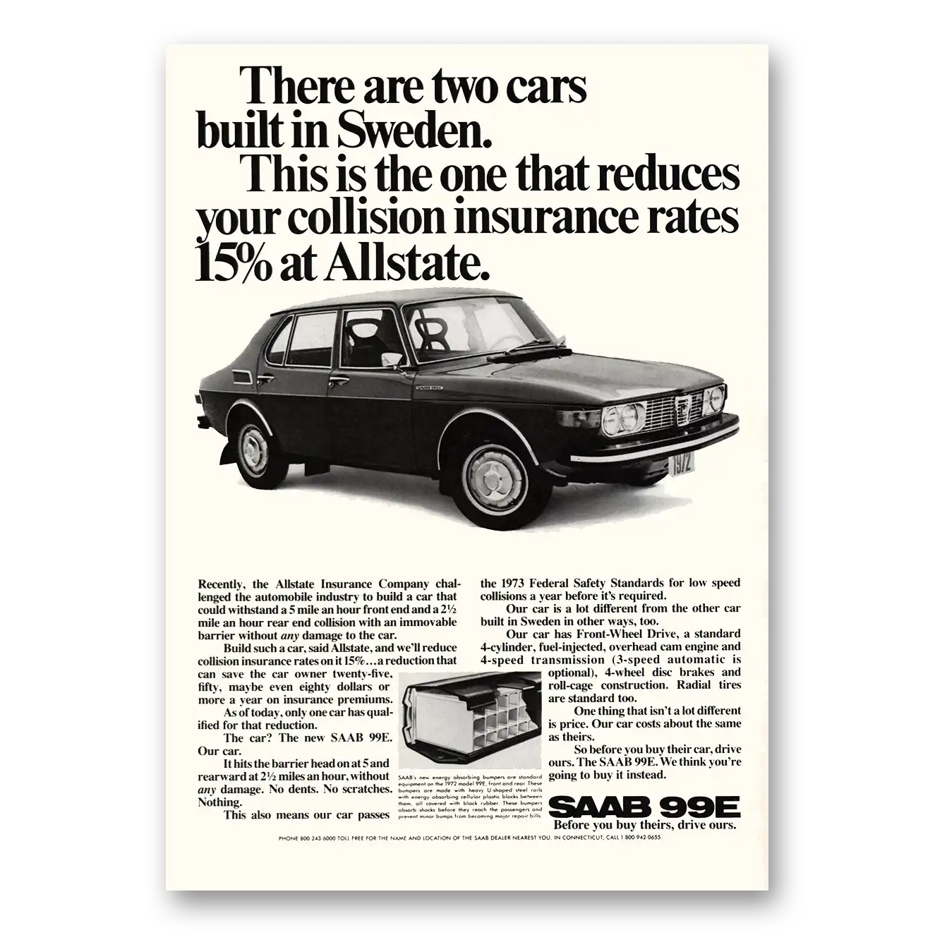 1971 Saab Reduces Collision Insurance Allstate Vintage Magazine Print Ad