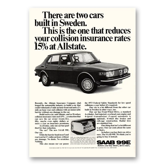 1971 Saab Reduces Collision Insurance Allstate Vintage Magazine Print Ad