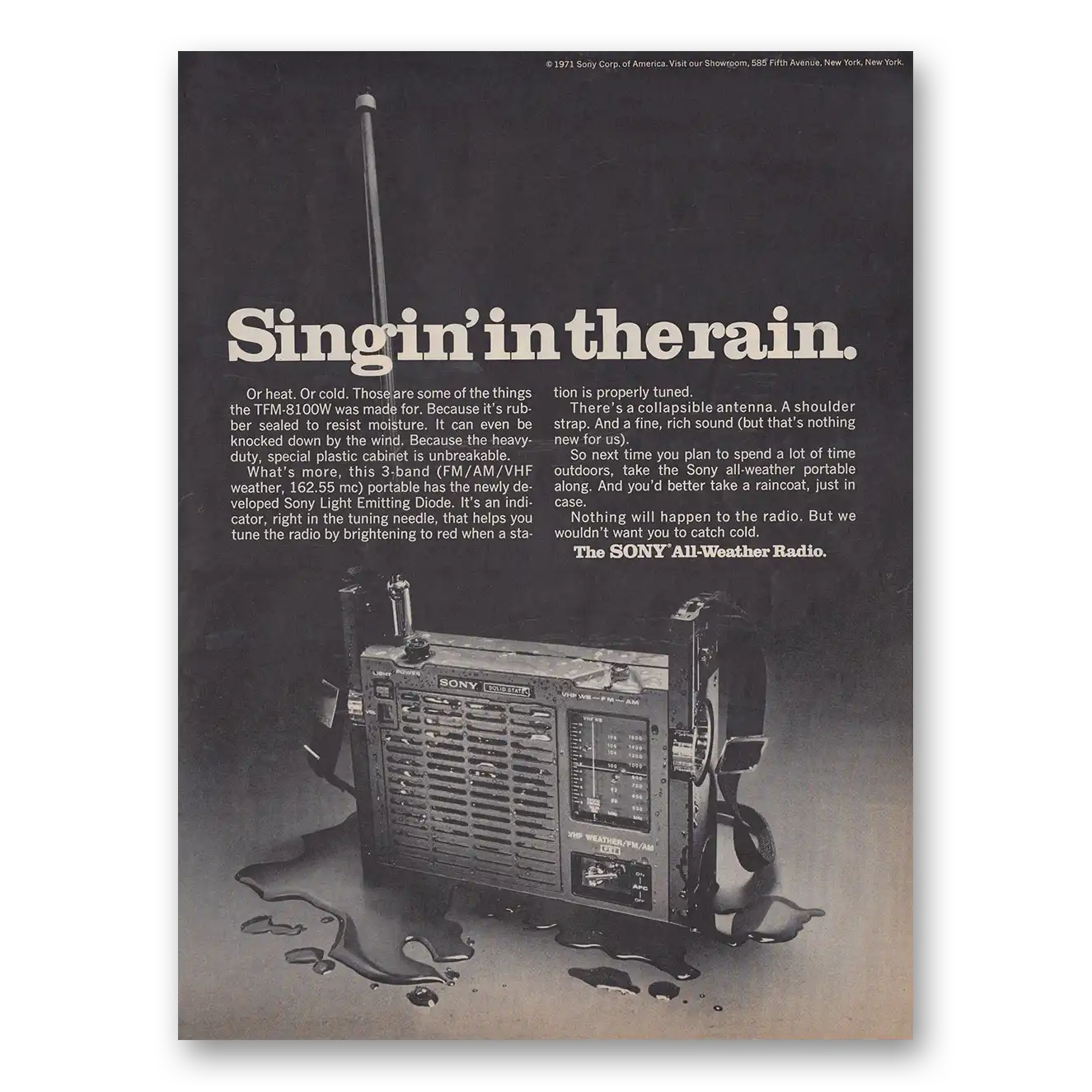 1971 Sony Radio All Weather Radio Singin In the Rain Vintage Magazine Print Ad