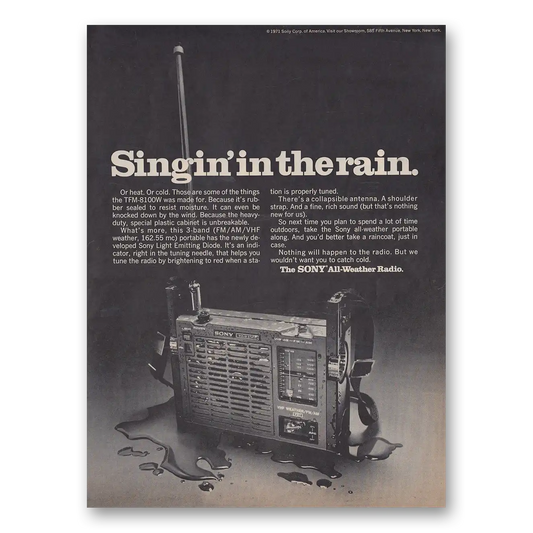 1971 Sony Radio All Weather Radio Singin In the Rain Vintage Magazine Print Ad