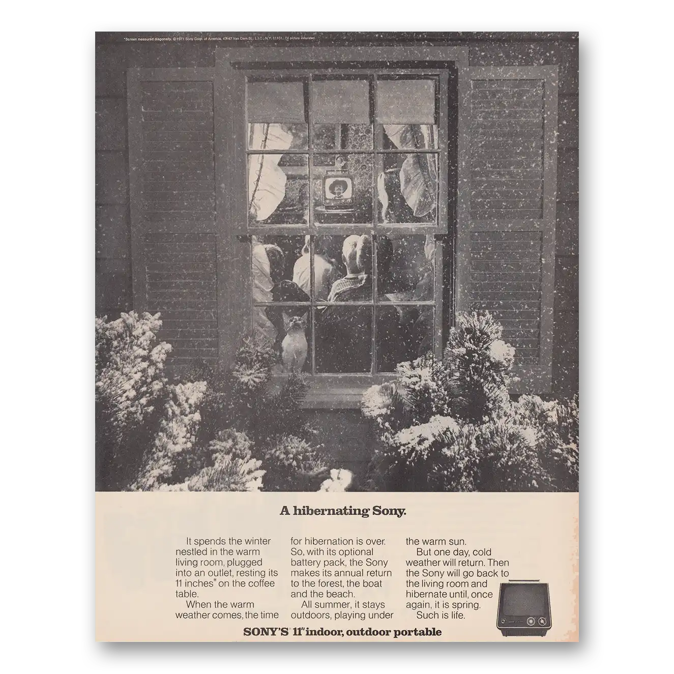 1971 Sony Television Outdoor Portable Television Hibernating Sony Vintage Magazine Print Ad