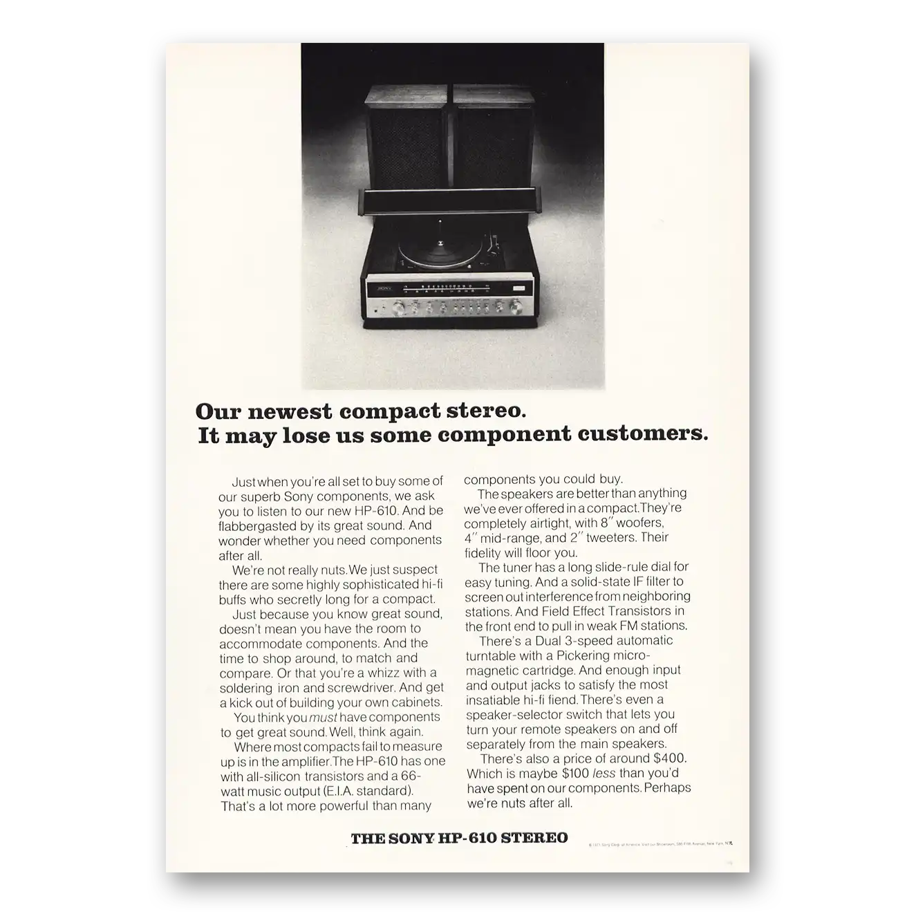 1971 Sony Stereo HP610 Newest Compact Stereo May Lose Some Vintage Magazine Print Ad