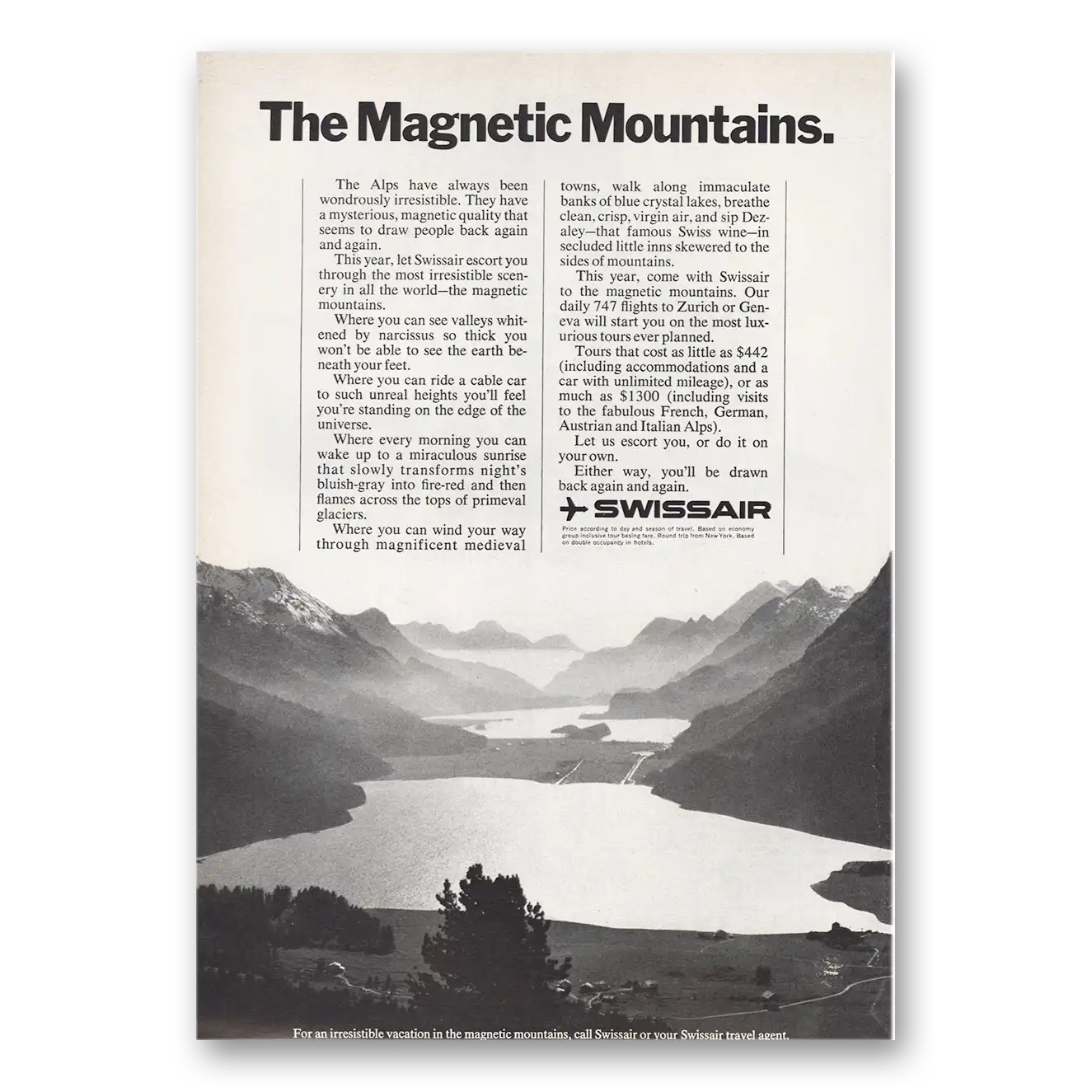 1971 Swissair Magnetic Mountains Vintage Magazine Print Ad