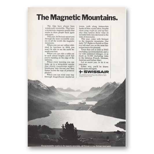 1971 Swissair Magnetic Mountains Vintage Magazine Print Ad