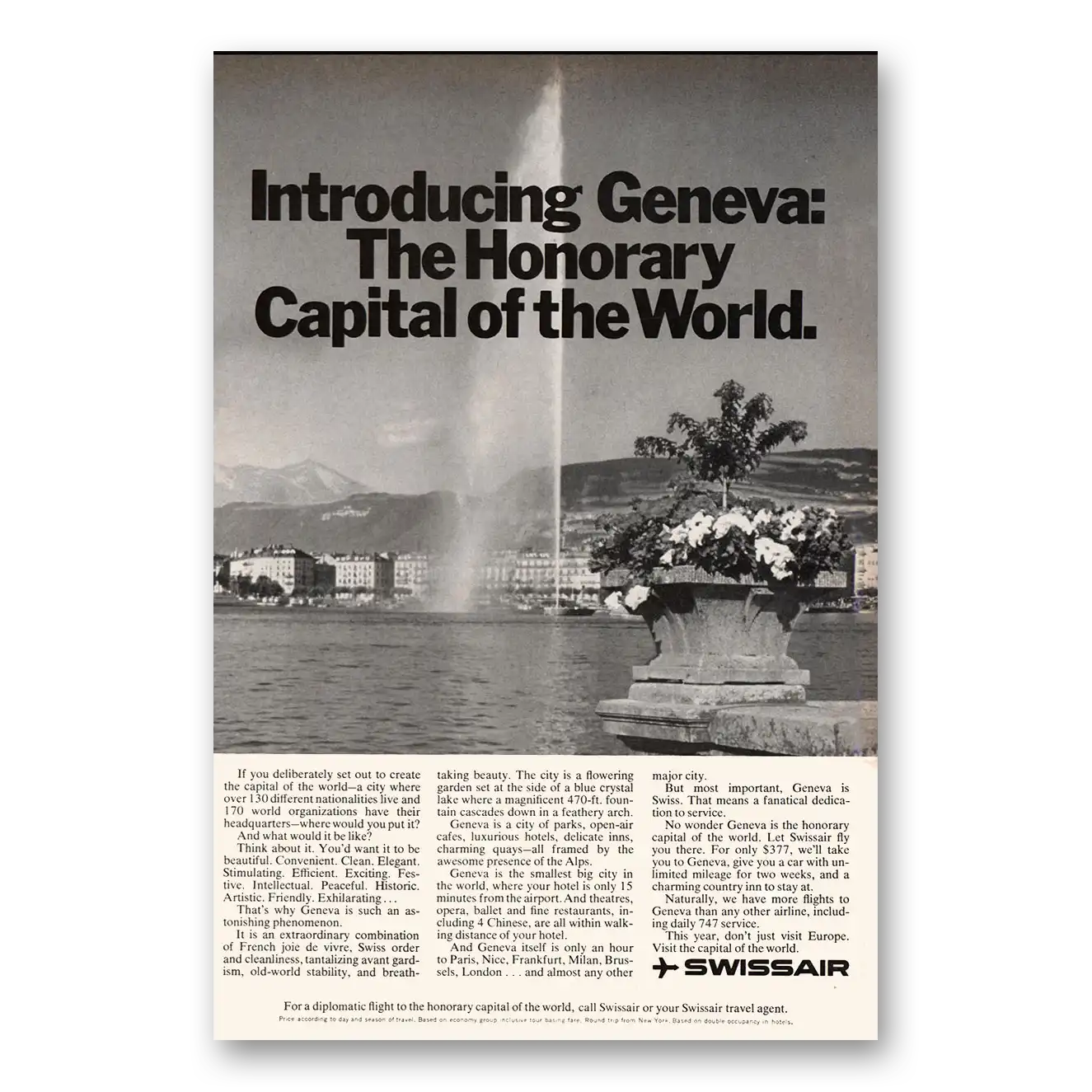 1971 Swissair Geneva Honorary Capital of the World Vintage Magazine Print Ad