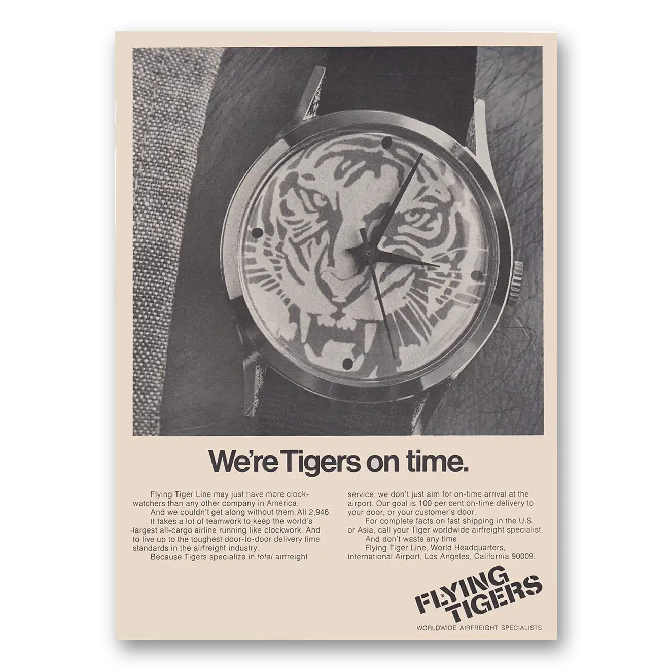 1971 Flying Tiger Line We're Tigers On Time Vintage Magazine Print Ad