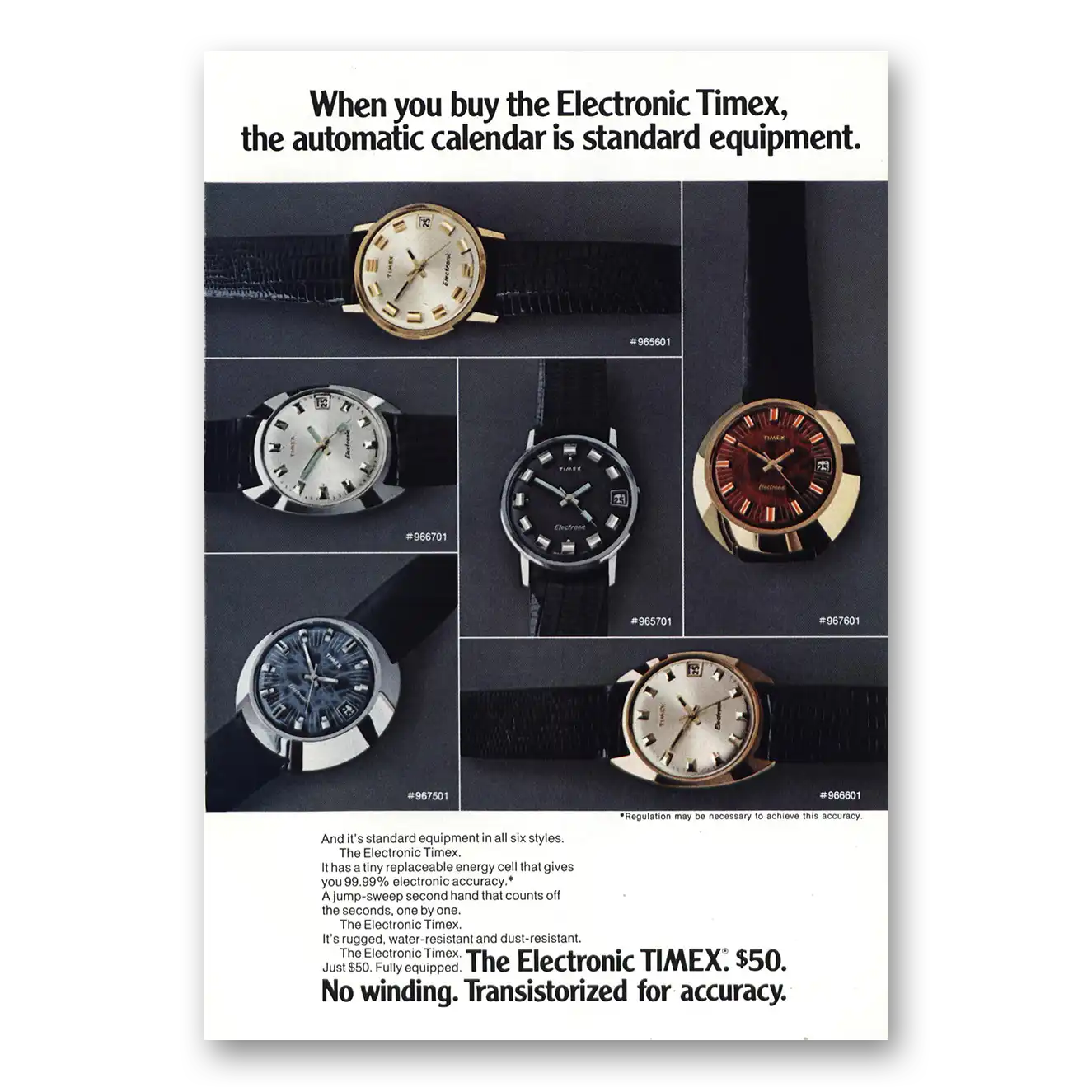 1971 Timex Watch When You Buy the Electronic Timex the Automatic Calendar is Standard Vintage Magazine Print Ad