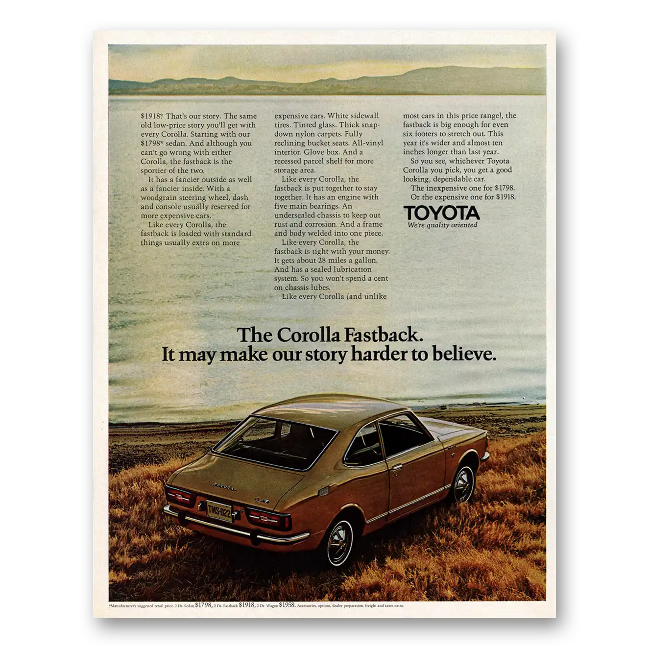 1971 Toyota Corolla Fastback Story Harder to Believe Vintage Magazine Print Ad