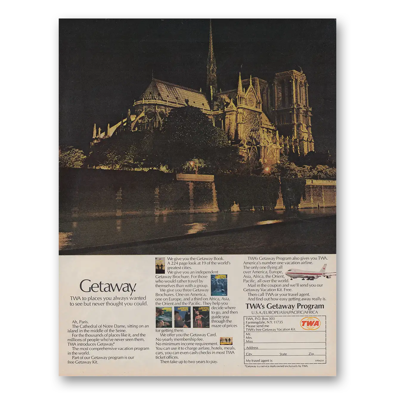 1971 TWA Airlines Paris Cathedral of Notre Dame Vintage Magazine Print Ad