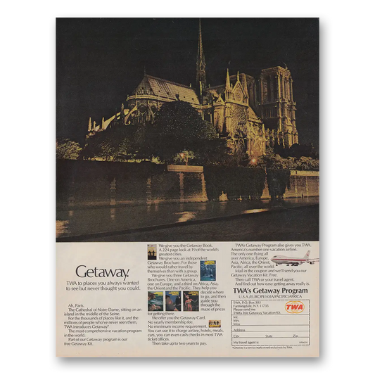 1971 TWA Airlines Paris Cathedral of Notre Dame Vintage Magazine Print Ad