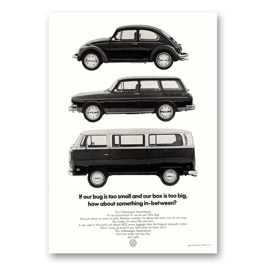 1971 Volkswagen Bug Is Too Small Box Is Too Big Vintage Magazine Print Ad