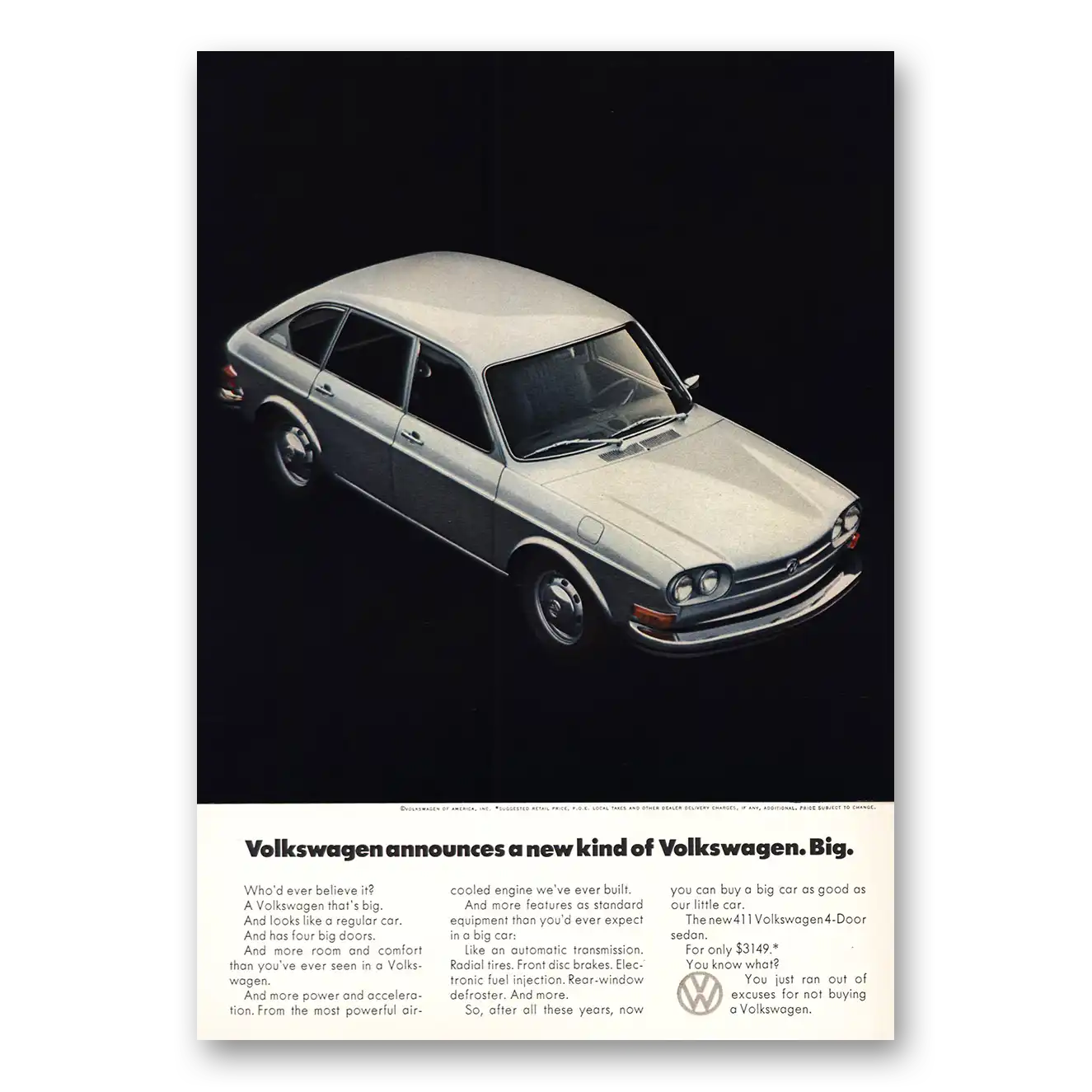 1971 Volkswagen 411 Sedan Four Door Sedan New Kind Big Vintage Magazine Print Ad