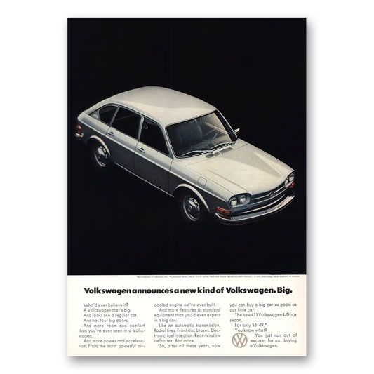 1971 Volkswagen 411 Sedan Four Door Sedan New Kind Big Vintage Magazine Print Ad