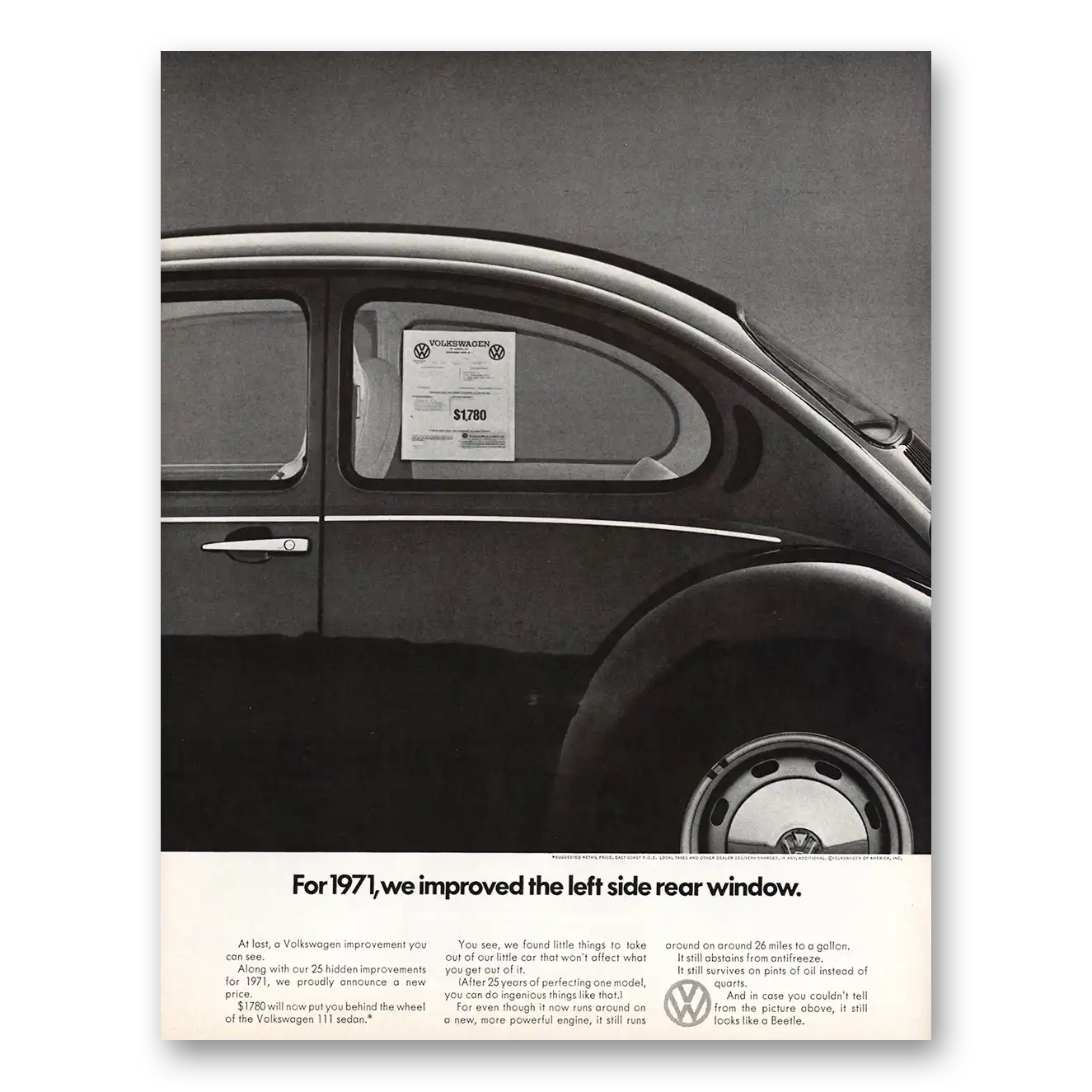 1970 Volkswagen Beetle Improved the Left Side Rear Window Vintage Magazine Print Ad