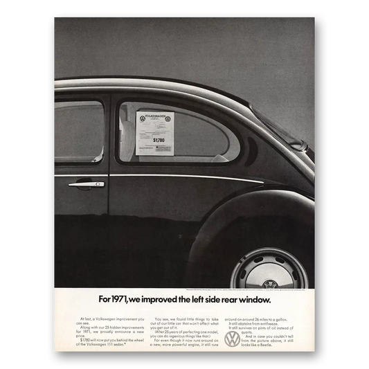 1970 Volkswagen Beetle Improved the Left Side Rear Window Vintage Magazine Print Ad