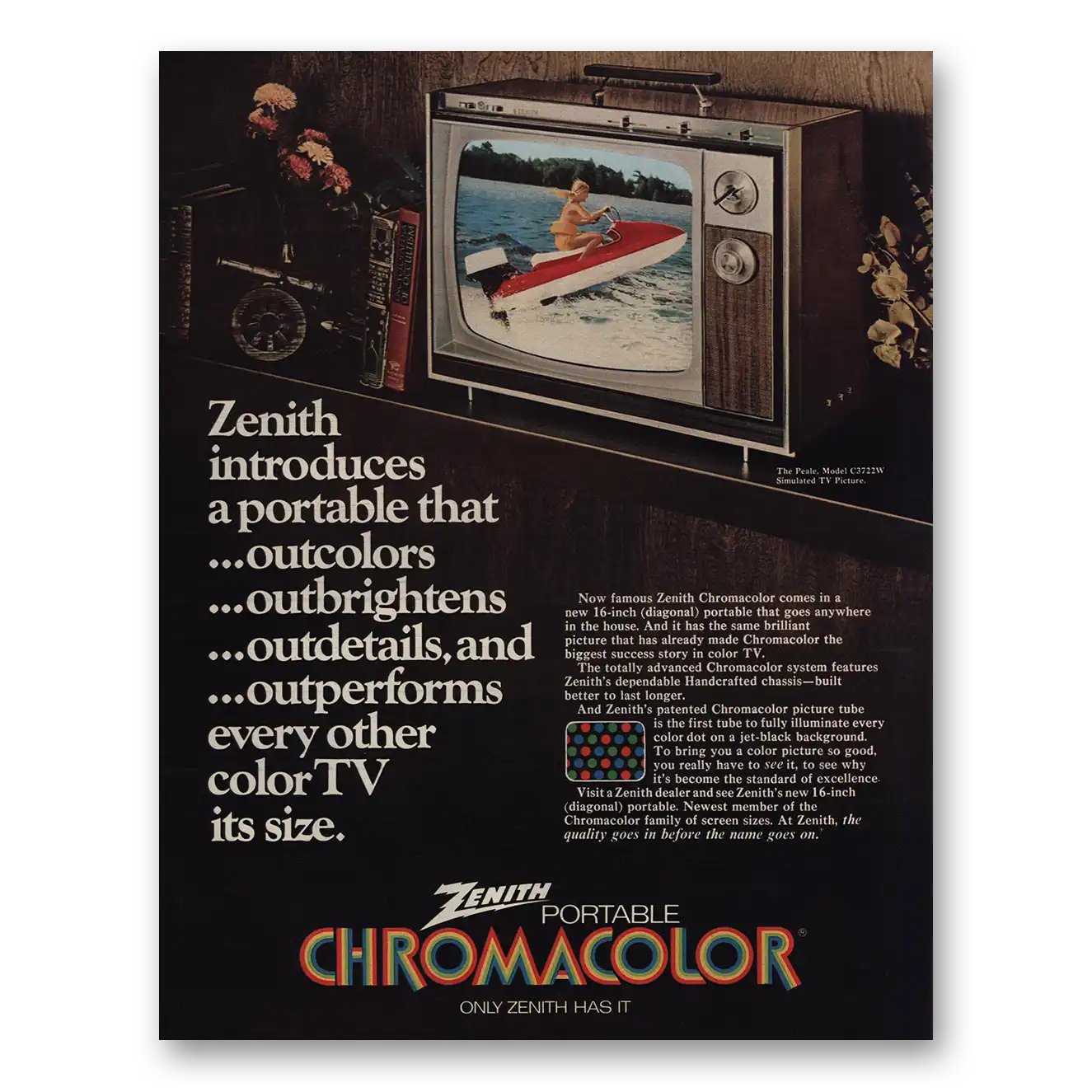 1971 Zenith Television Chromacolor Portable TV Outcolors Outbrightens Vintage Magazine Print Ad