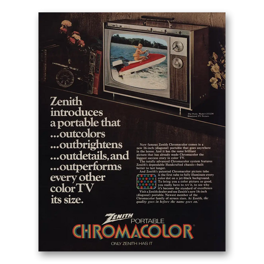 1971 Zenith Television Chromacolor Portable TV Outcolors Outbrightens Vintage Magazine Print Ad