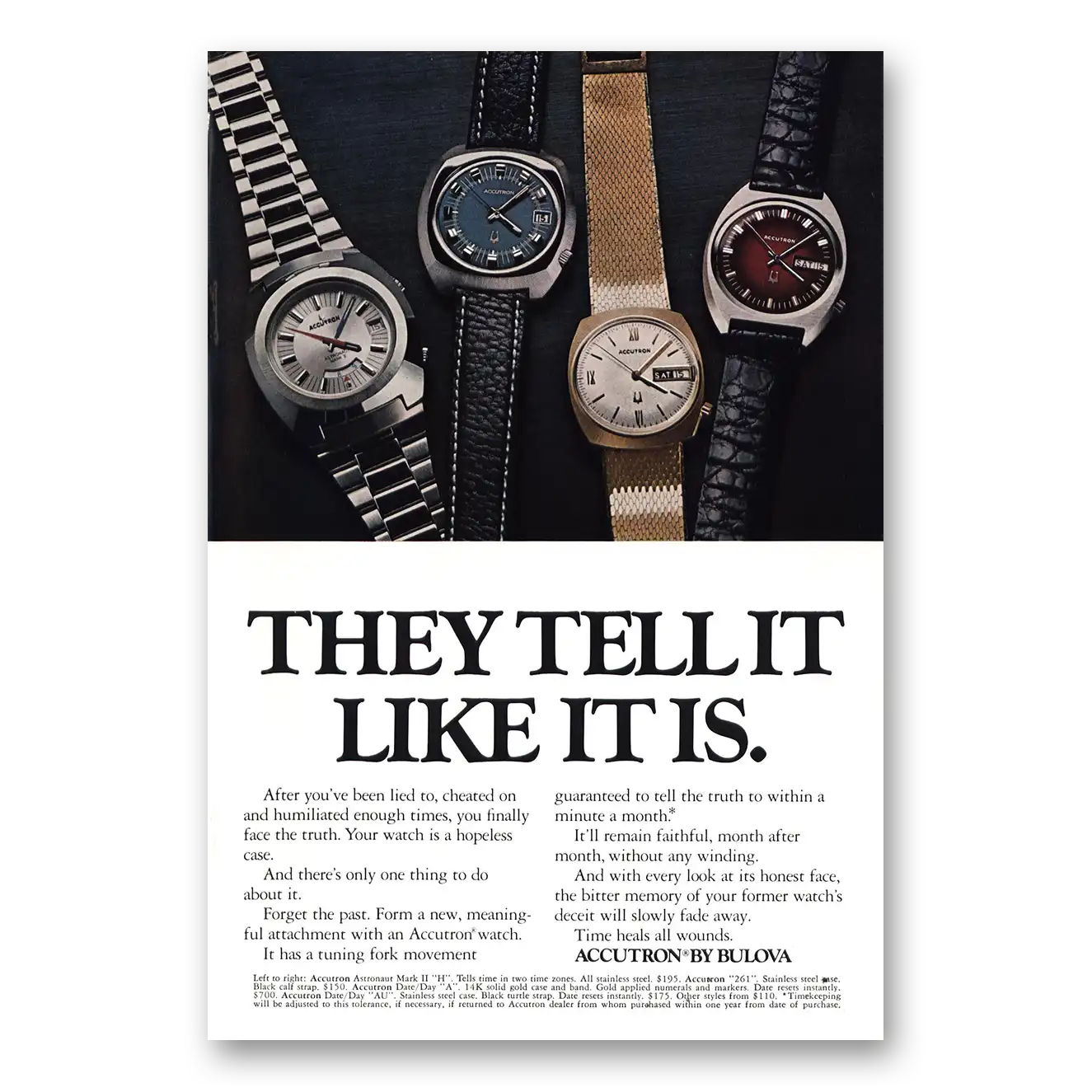 1972 Accutron Watch They Tell It Like It Is Vintage Magazine Print Ad