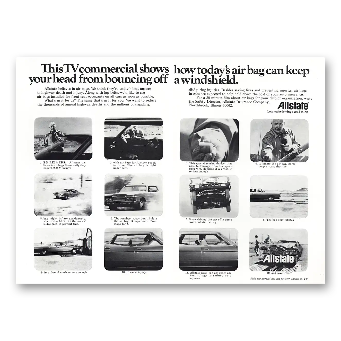 1972 Allstate Insurance TV Commercial Shows How Todays Air Bag Vintage Magazine Print Ad