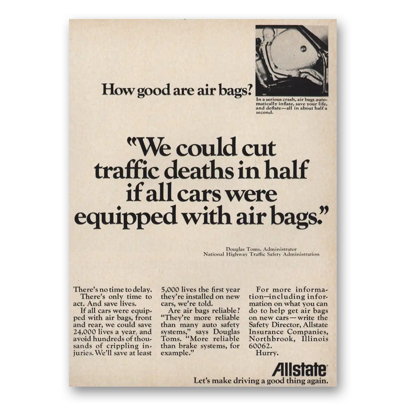 1972 Allstate Insurance Cut Traffic Deaths In Half Vintage Magazine Print Ad