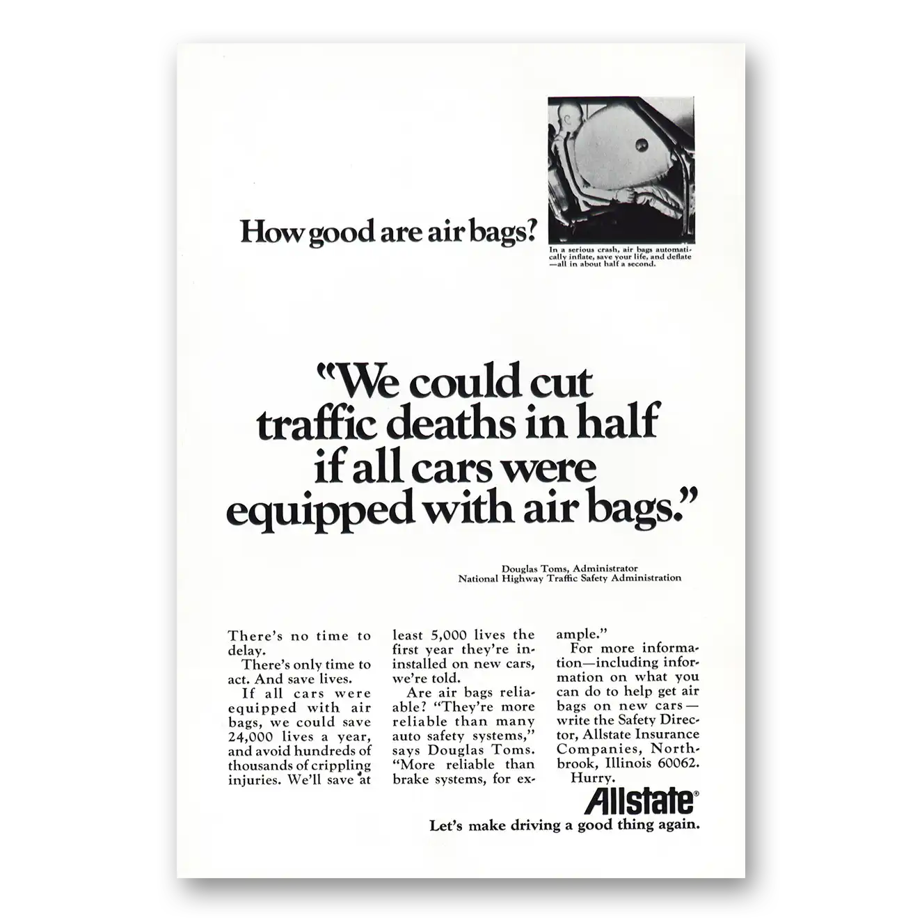 1972 Allstate Insurance Air Bags Traffic Deaths Vintage Magazine Print Ad