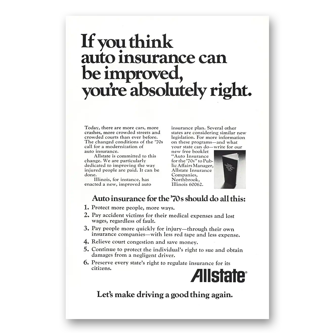 1972 Allstate Insurance Auto Insurance Can Be Improved Vintage Magazine Print Ad