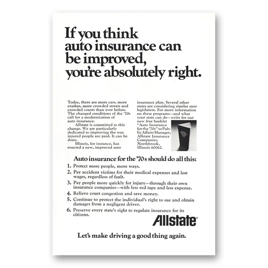 1972 Allstate Insurance Auto Insurance Can Be Improved Vintage Magazine Print Ad