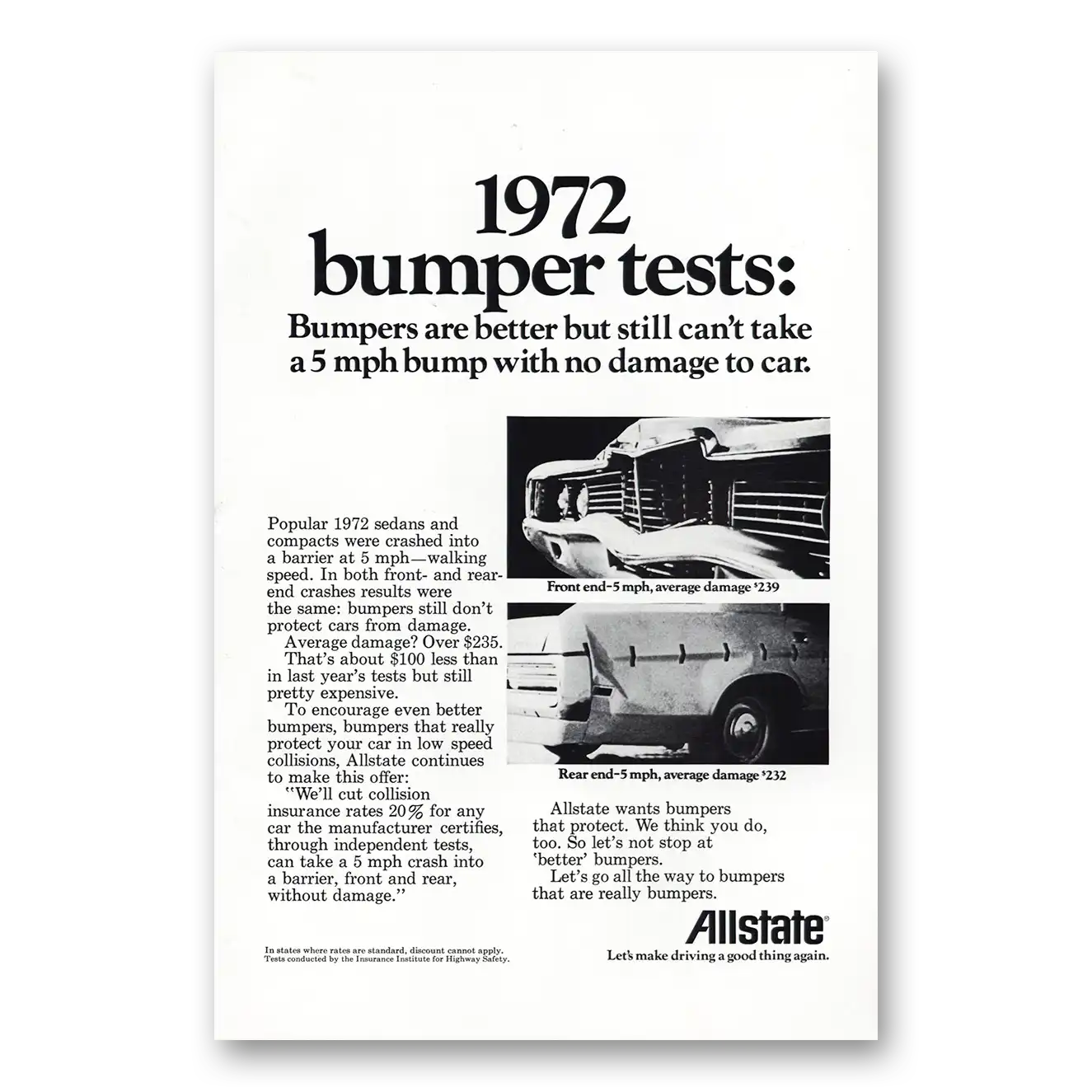 1972 Allstate Insurance Bumper Tests Vintage Magazine Print Ad