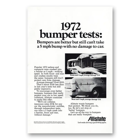 1972 Allstate Insurance Bumper Tests Vintage Magazine Print Ad