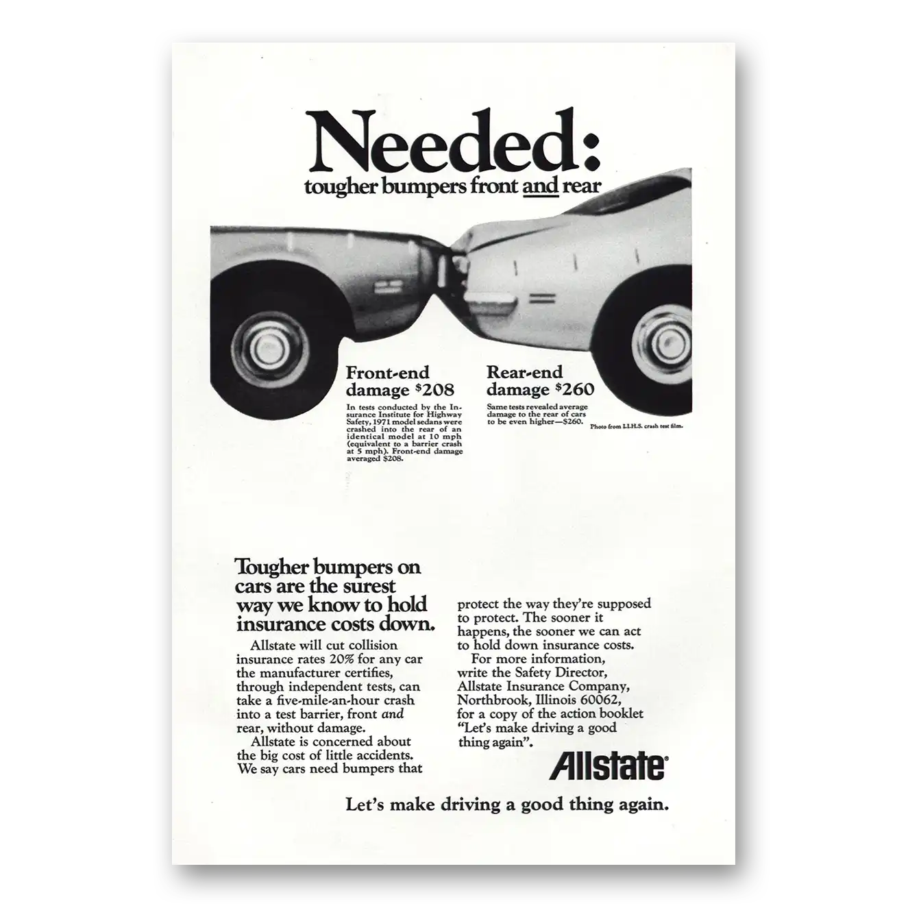 1972 Allstate Insurance Needed Tougher Bumpers Front and Rear Vintage Magazine Print Ad