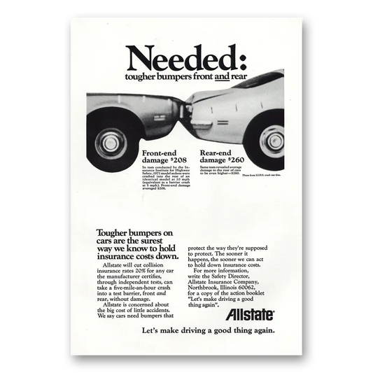 1972 Allstate Insurance Needed Tougher Bumpers Front and Rear Vintage Magazine Print Ad