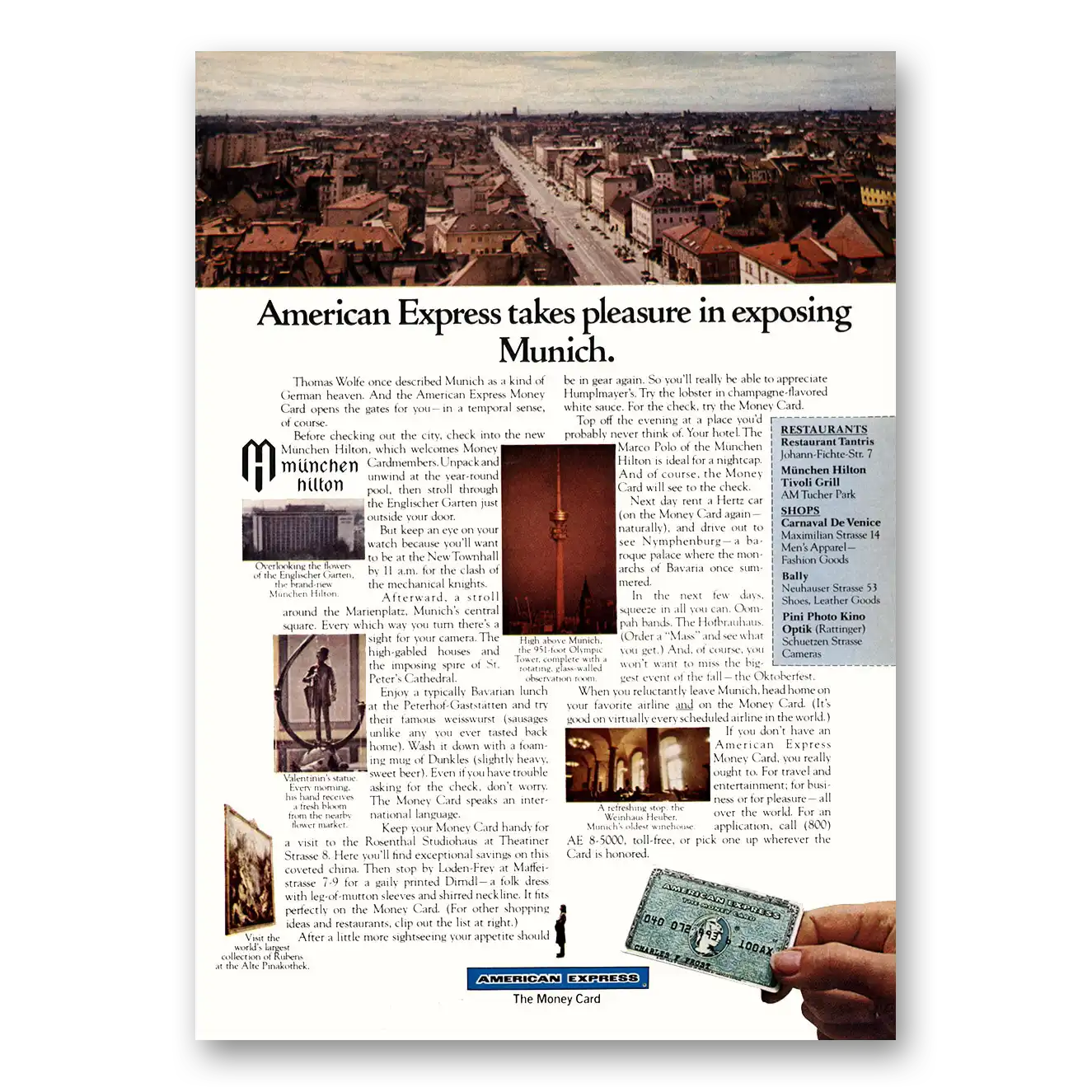 1972 American Express Takes Pleasure In Exposing Munich Vintage Magazine Print Ad