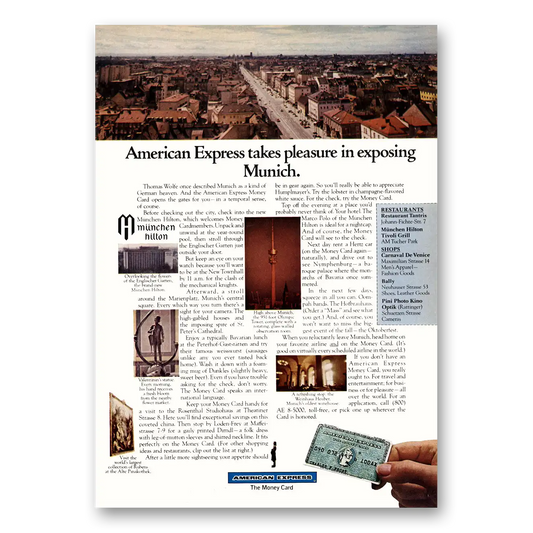 1972 American Express Takes Pleasure In Exposing Munich Vintage Magazine Print Ad