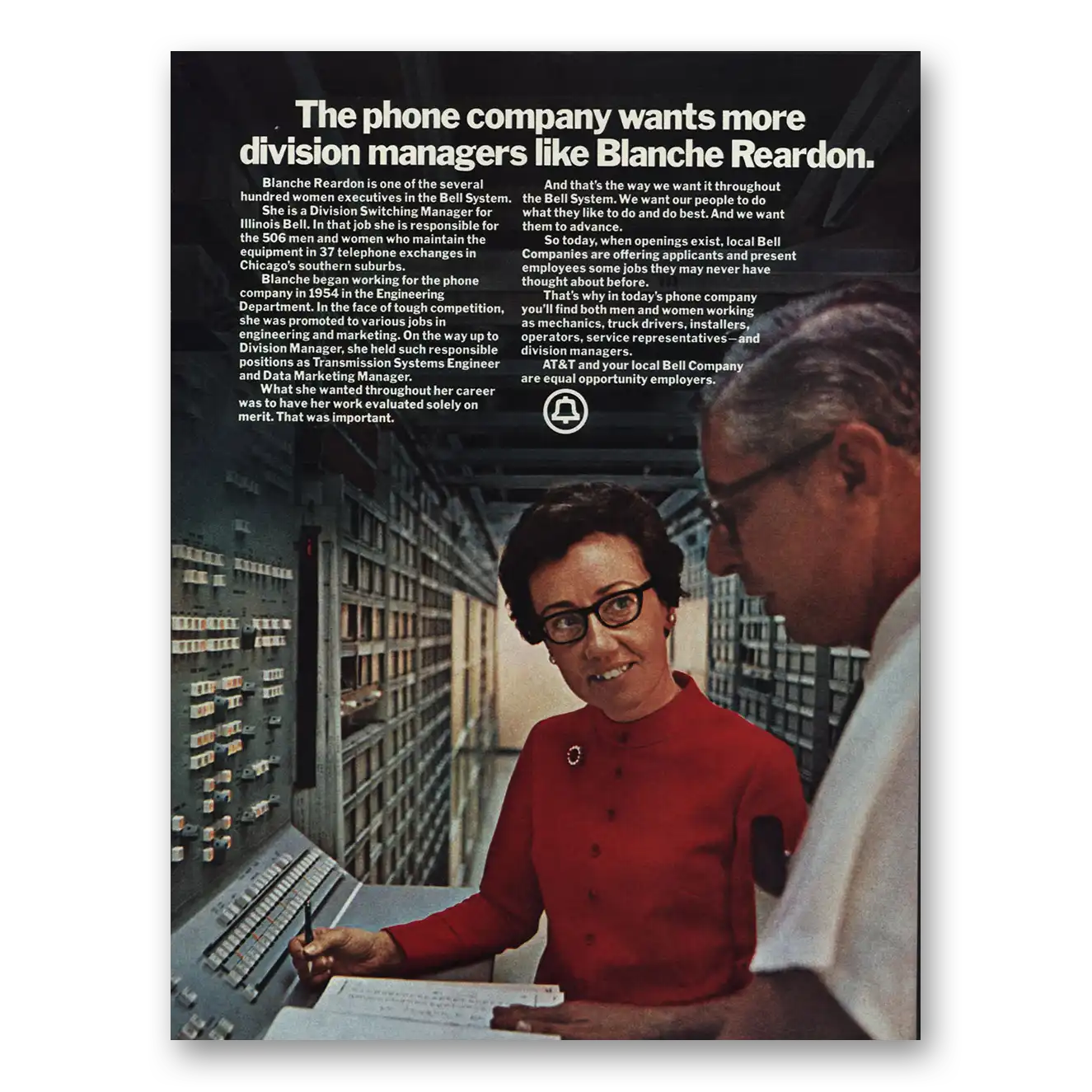 1972 AT&T Division Manager Blanche Reardon Vintage Magazine Print Ad