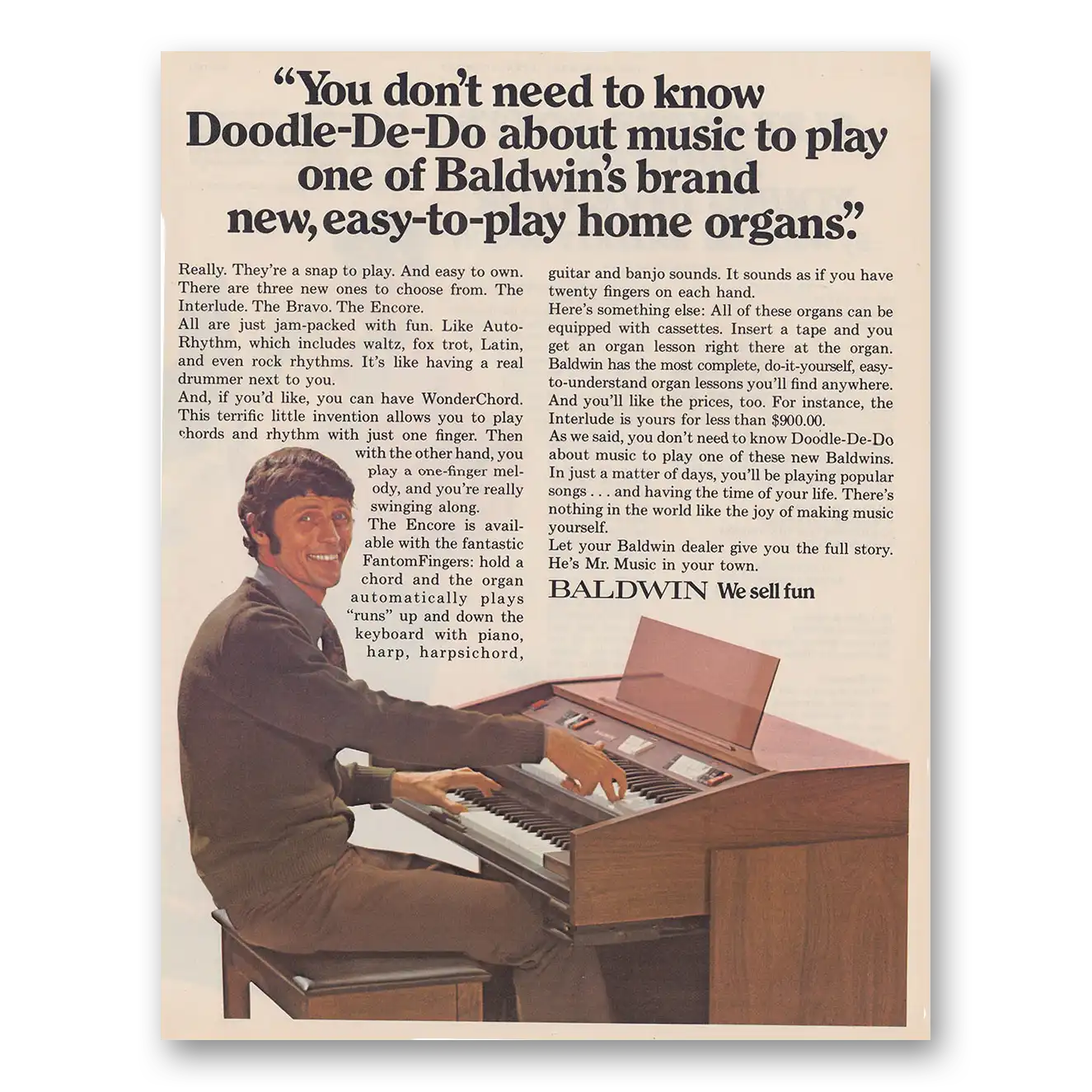 1972 Baldwin Home Organ Doodle De Do About Music Vintage Magazine Print Ad