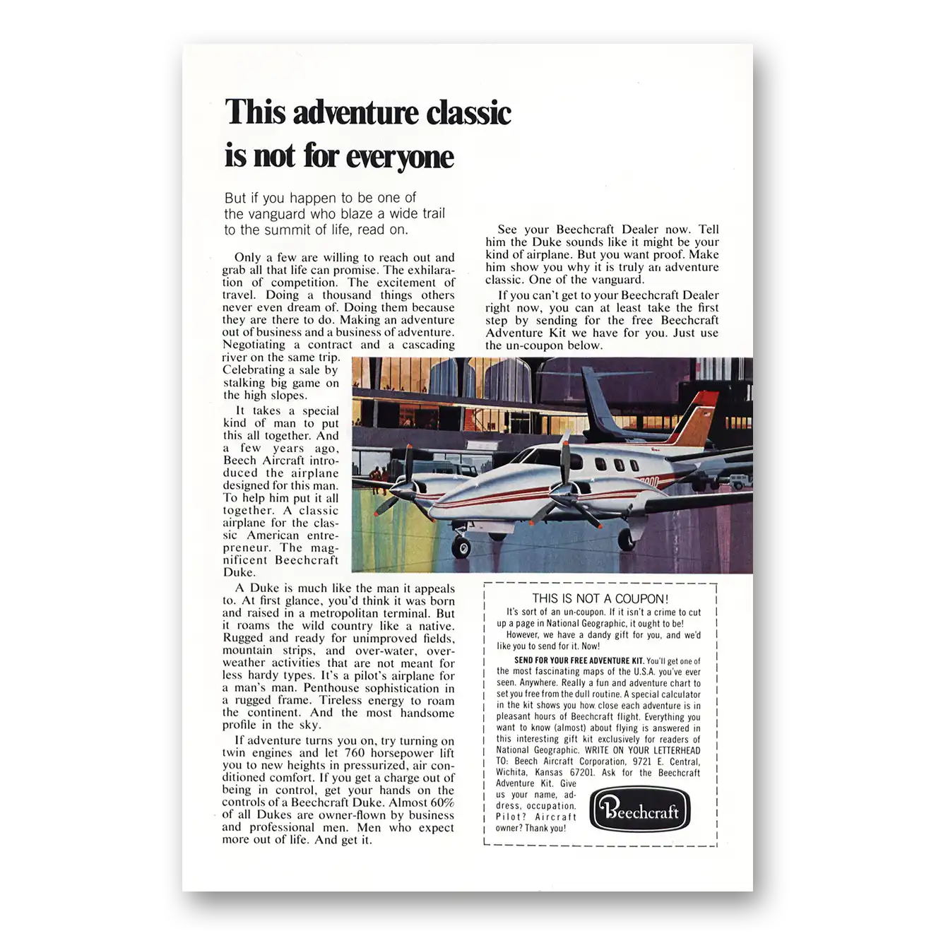 1972 Beechcraft Duke Adventure Classic Is Not for Everyone Vintage Magazine Print Ad