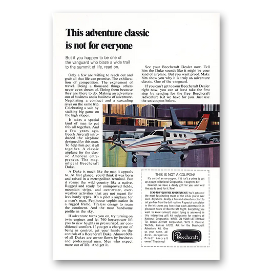 1972 Beechcraft Duke Adventure Classic Is Not for Everyone Vintage Magazine Print Ad