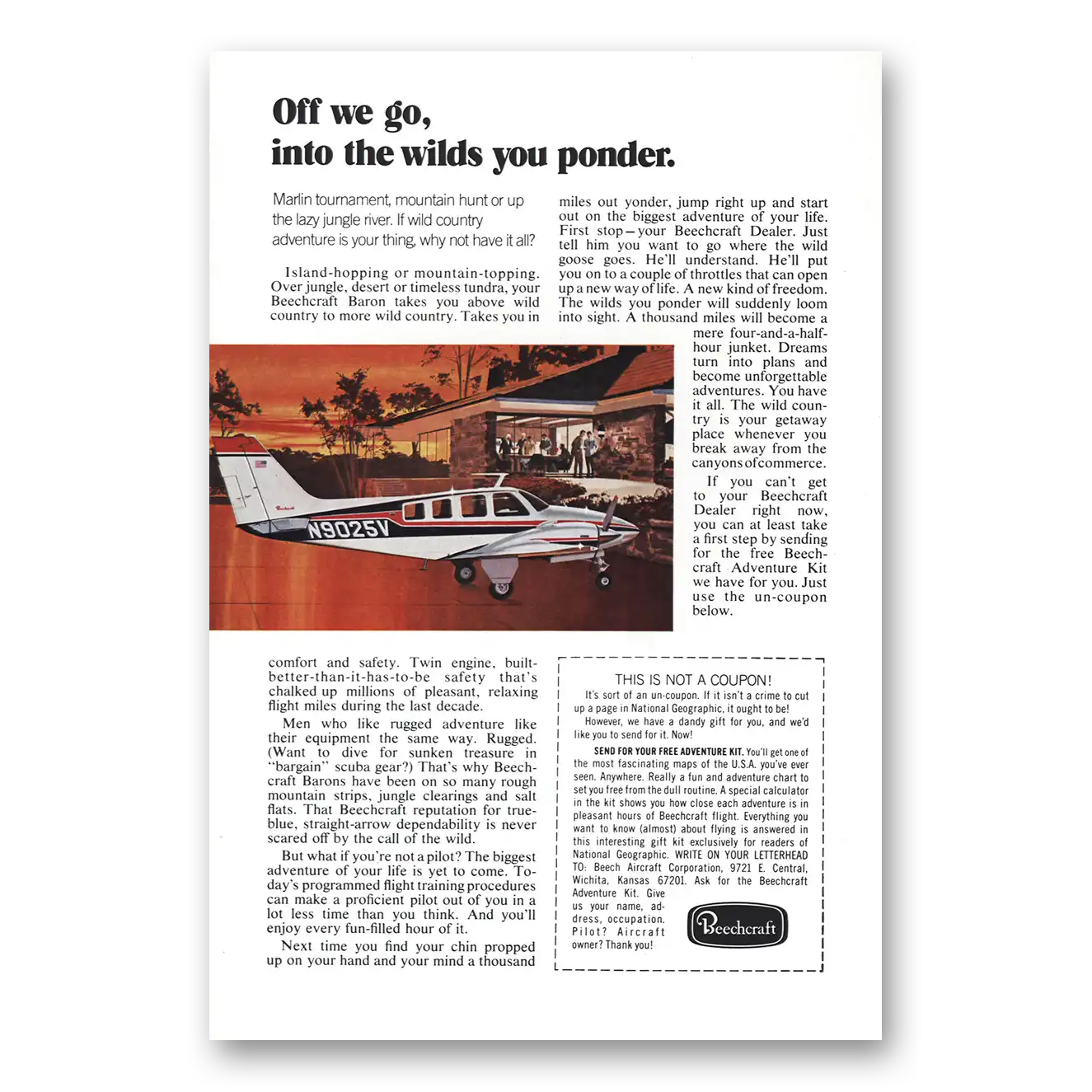 1972 Beechcraft Baron Off We Go Into the Wilds You Ponder Vintage Magazine Print Ad