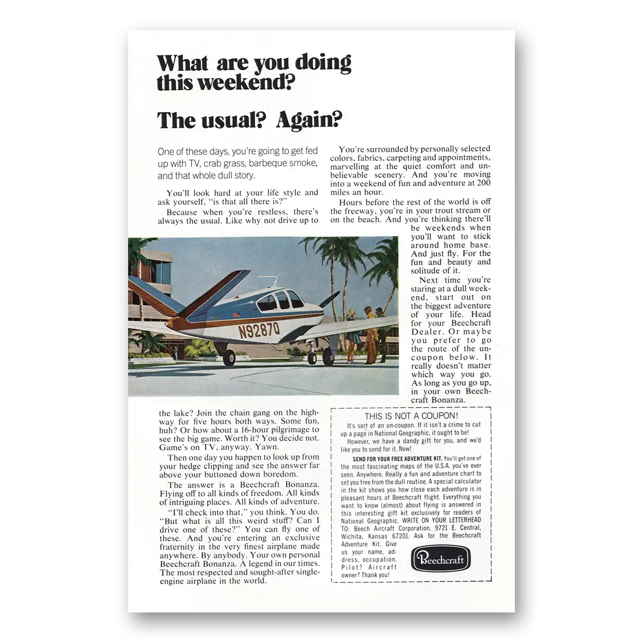 1972 Beechcraft Bonanza What Are You Doing This Weekend Vintage Magazine Print Ad