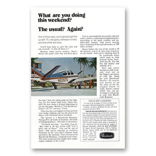 1972 Beechcraft Bonanza What Are You Doing This Weekend Vintage Magazine Print Ad