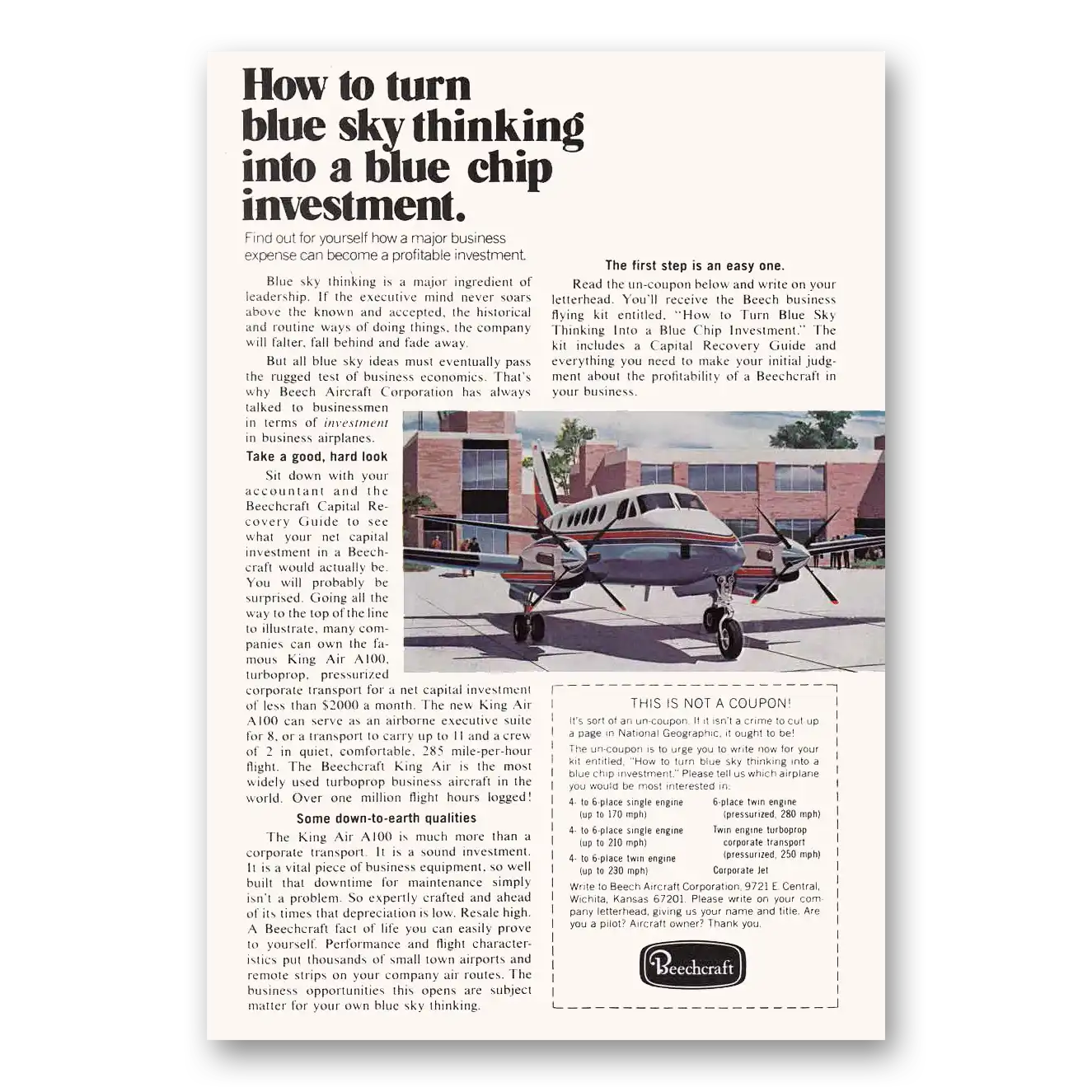 1972 Beechcraft King Air Blue Chip Investment Vintage Magazine Print Ad