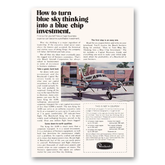 1972 Beechcraft King Air Blue Chip Investment Vintage Magazine Print Ad