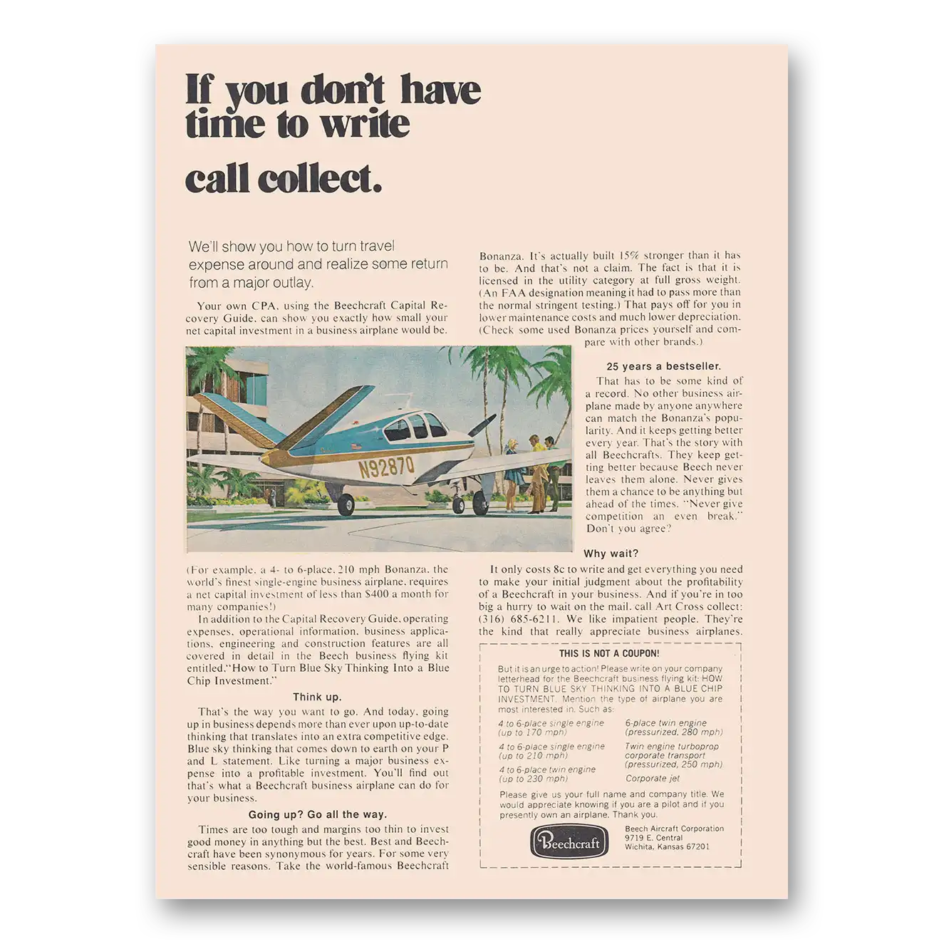 1972 Beechcraft Don't Have Time to Write Call Collect Vintage Magazine Print Ad