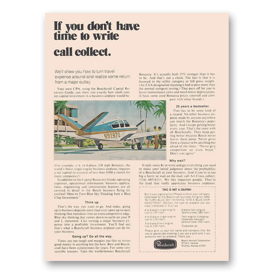 1972 Beechcraft Don't Have Time to Write Call Collect Vintage Magazine Print Ad