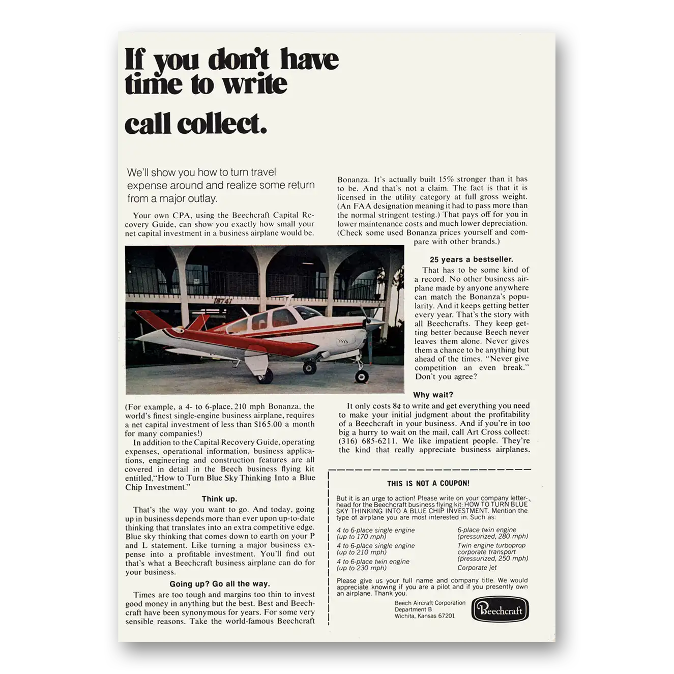 1972 Beechcraft Don't Have Time to Write Call Collect Vintage Magazine Print Ad