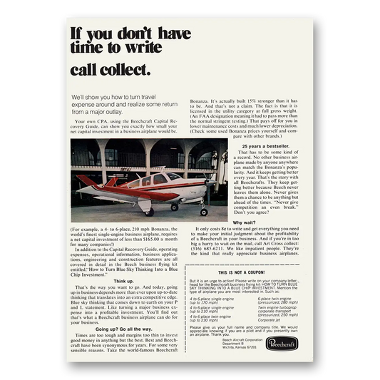 1972 Beechcraft Don't Have Time to Write Call Collect Vintage Magazine Print Ad