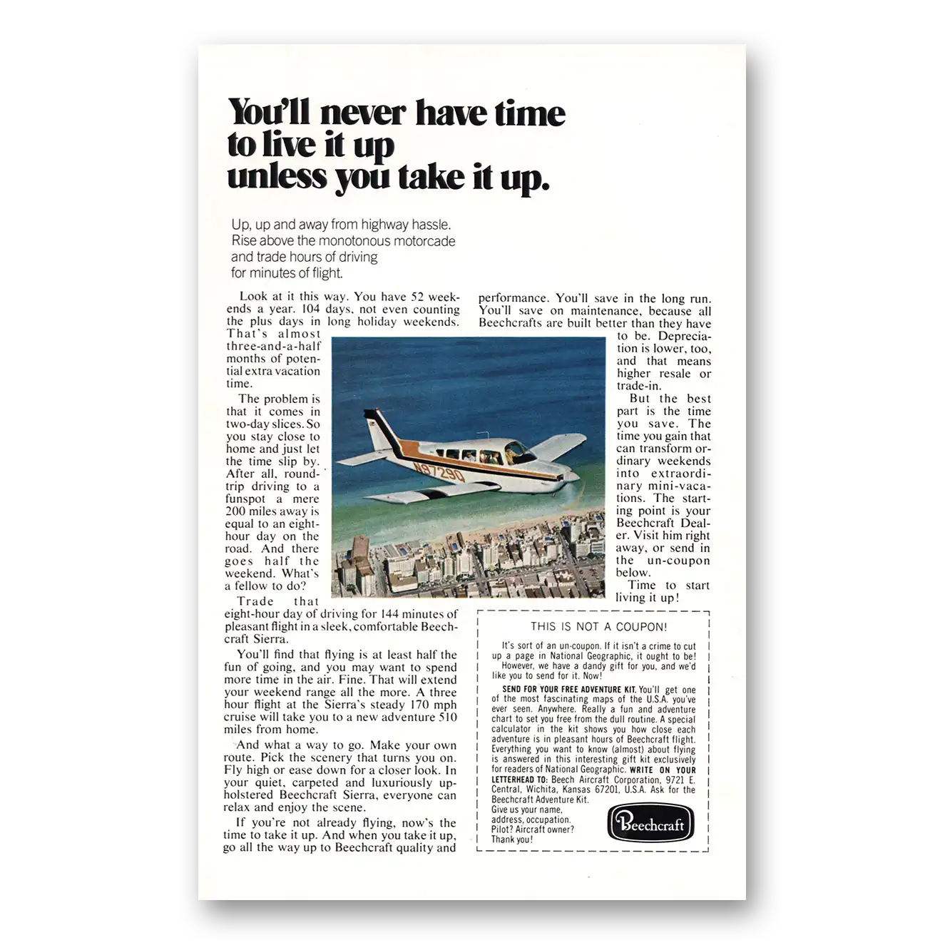 1972 Beechcraft Sierra Never Have Time to Live It Up Vintage Magazine Print Ad