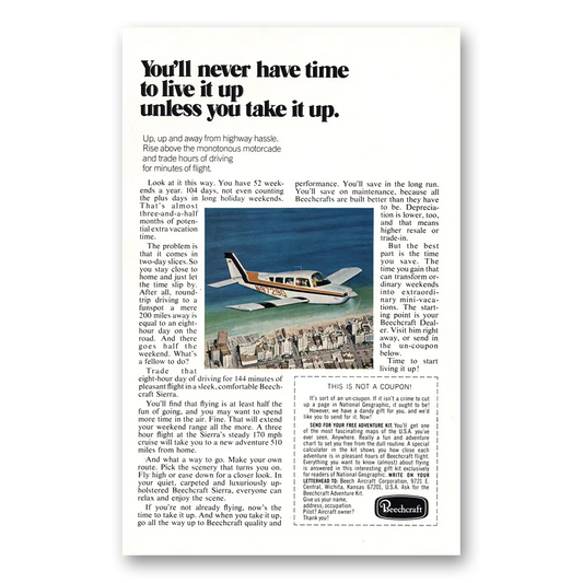 1972 Beechcraft Sierra Never Have Time to Live It Up Vintage Magazine Print Ad