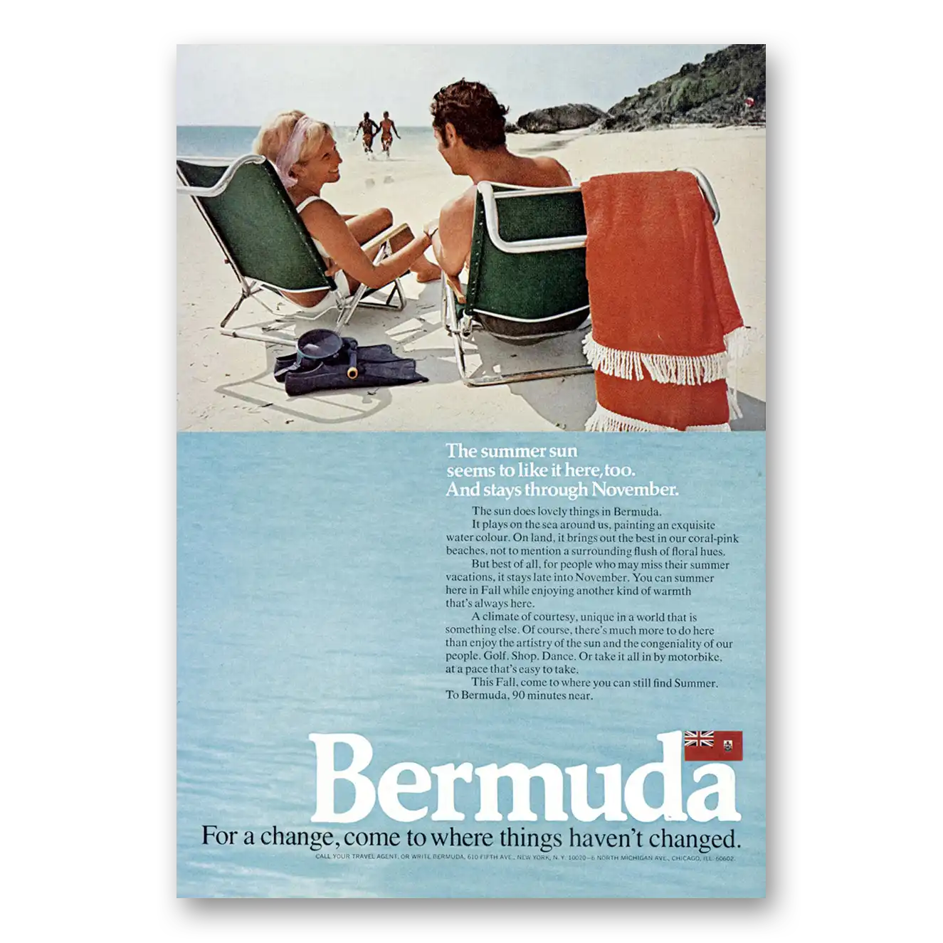 1972 Bermuda Summer Sun Seems to Like It Here Vintage Magazine Print Ad